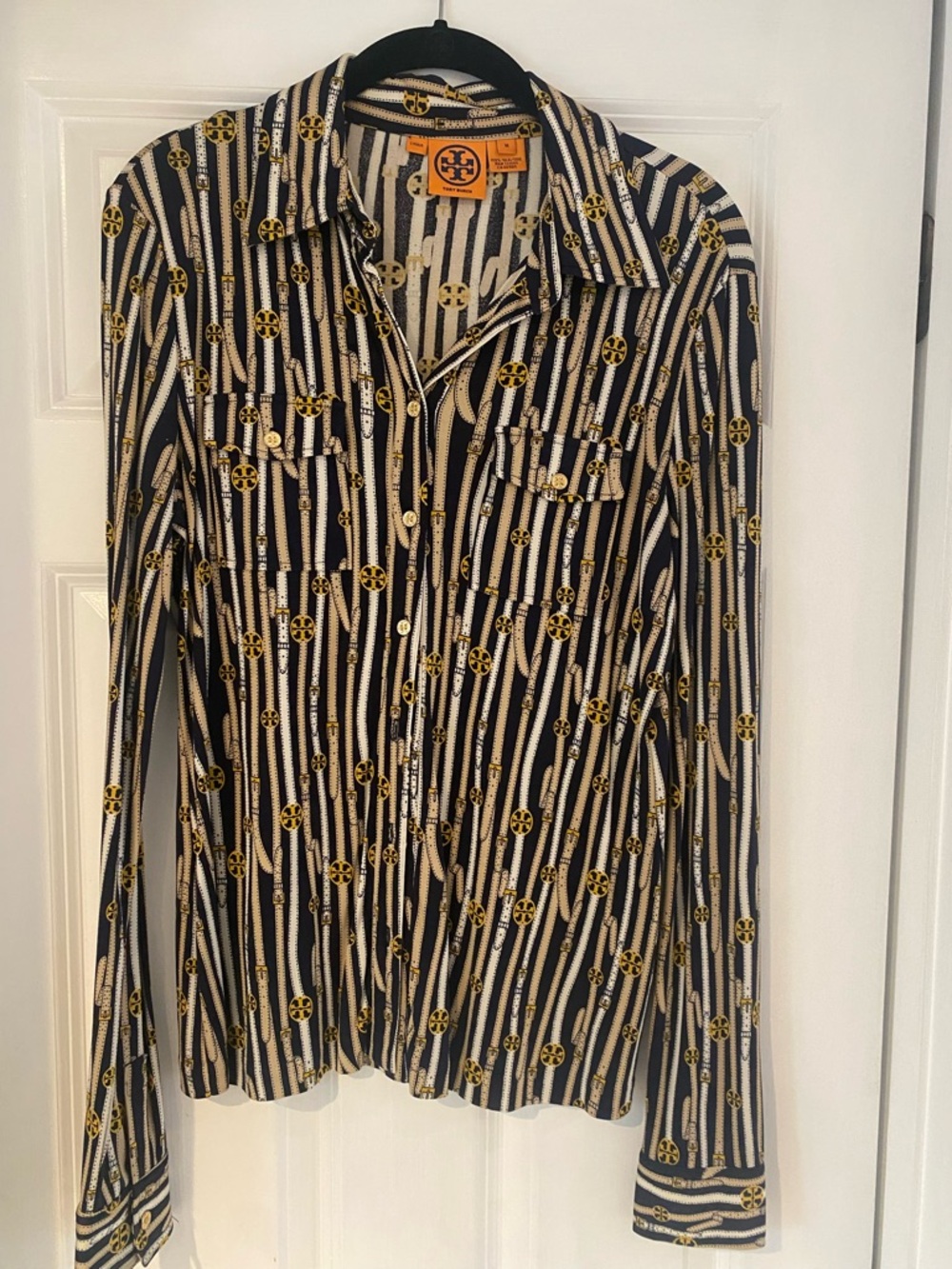 Tory Burch Black, Cream & Gold Logo-Print Silk Blouse